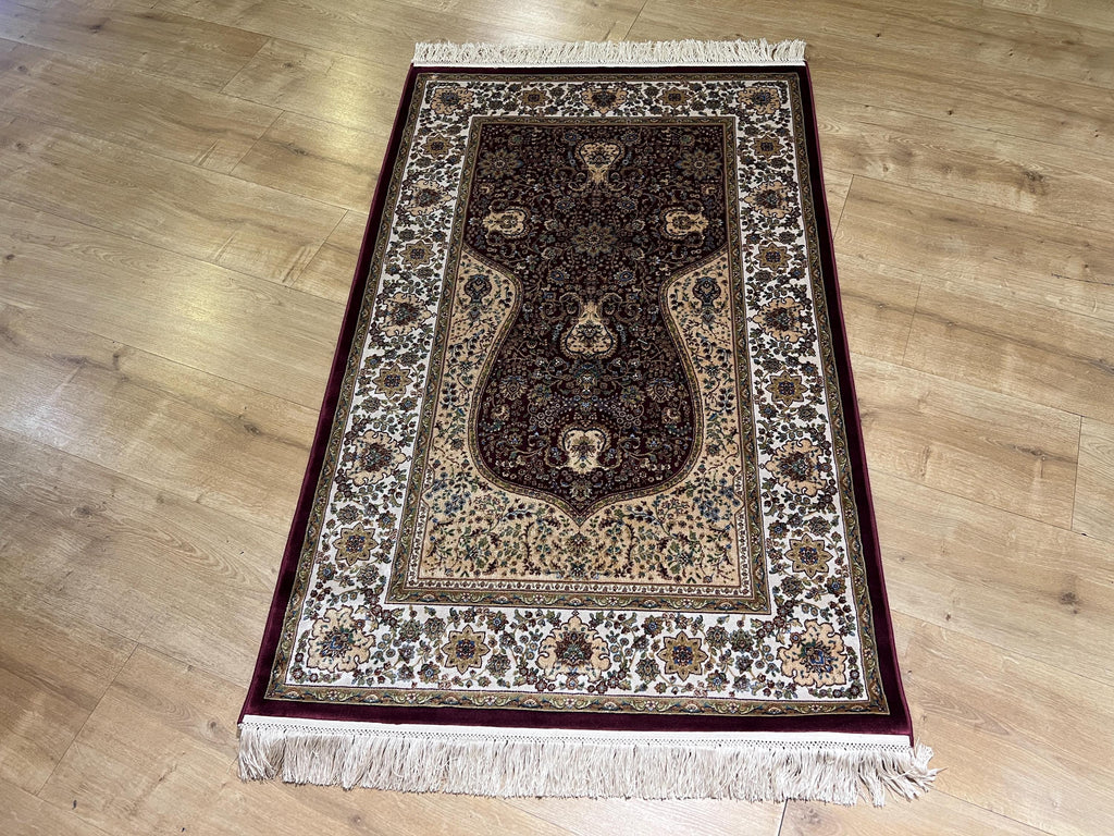 Red Modal Silk Prayer Rug, Janamaz Mat, Muslim Gift (2.62X4.10)