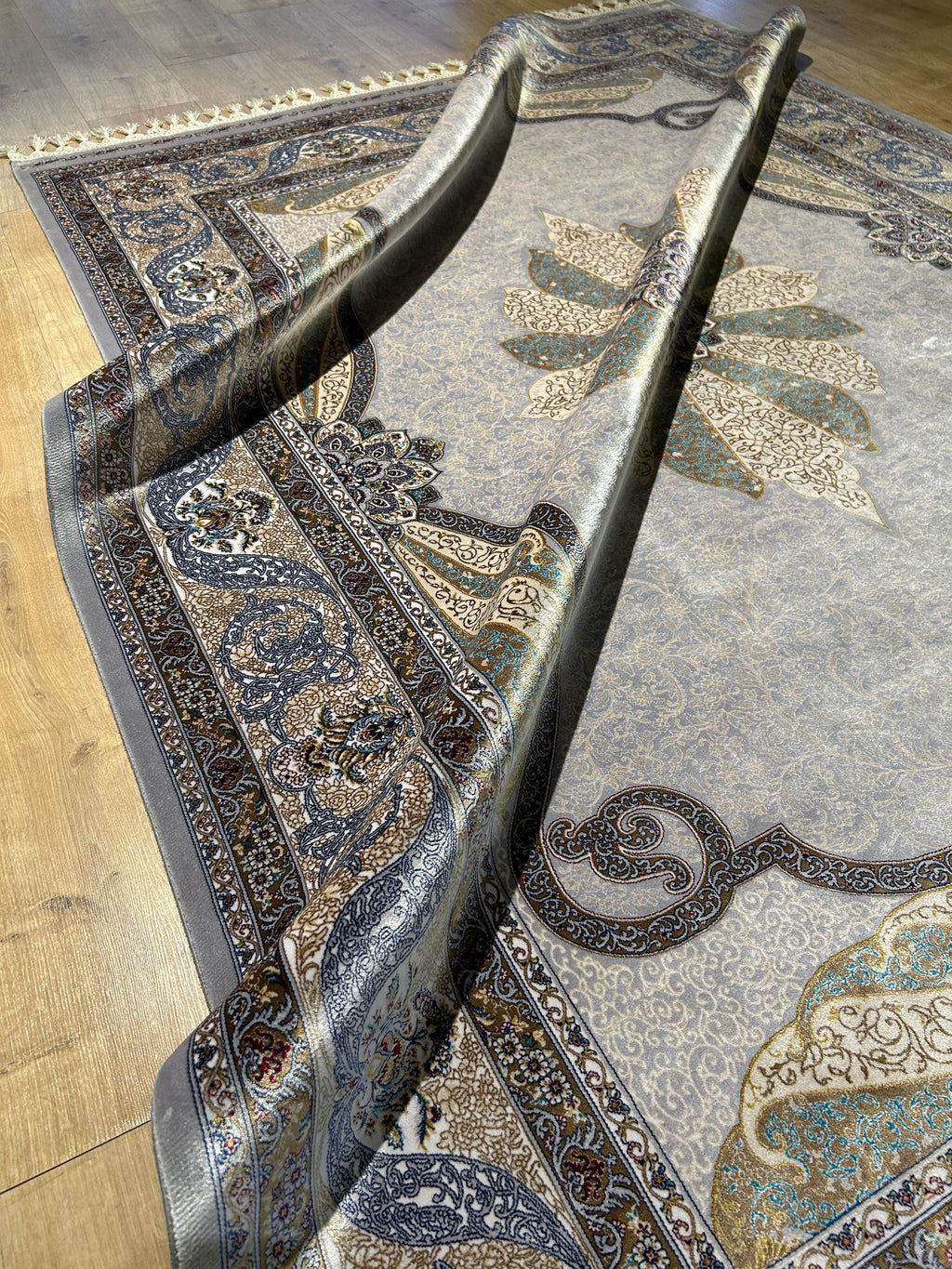 Gray Silk Rug, Gold Blue Medallion, Classic Traditional Style Carpet