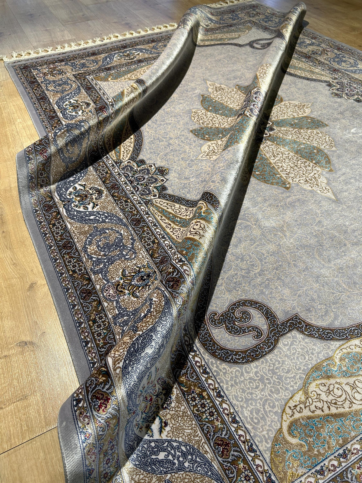Gray Silk Rug, Gold Blue Medallion, Classic Traditional Style Carpet