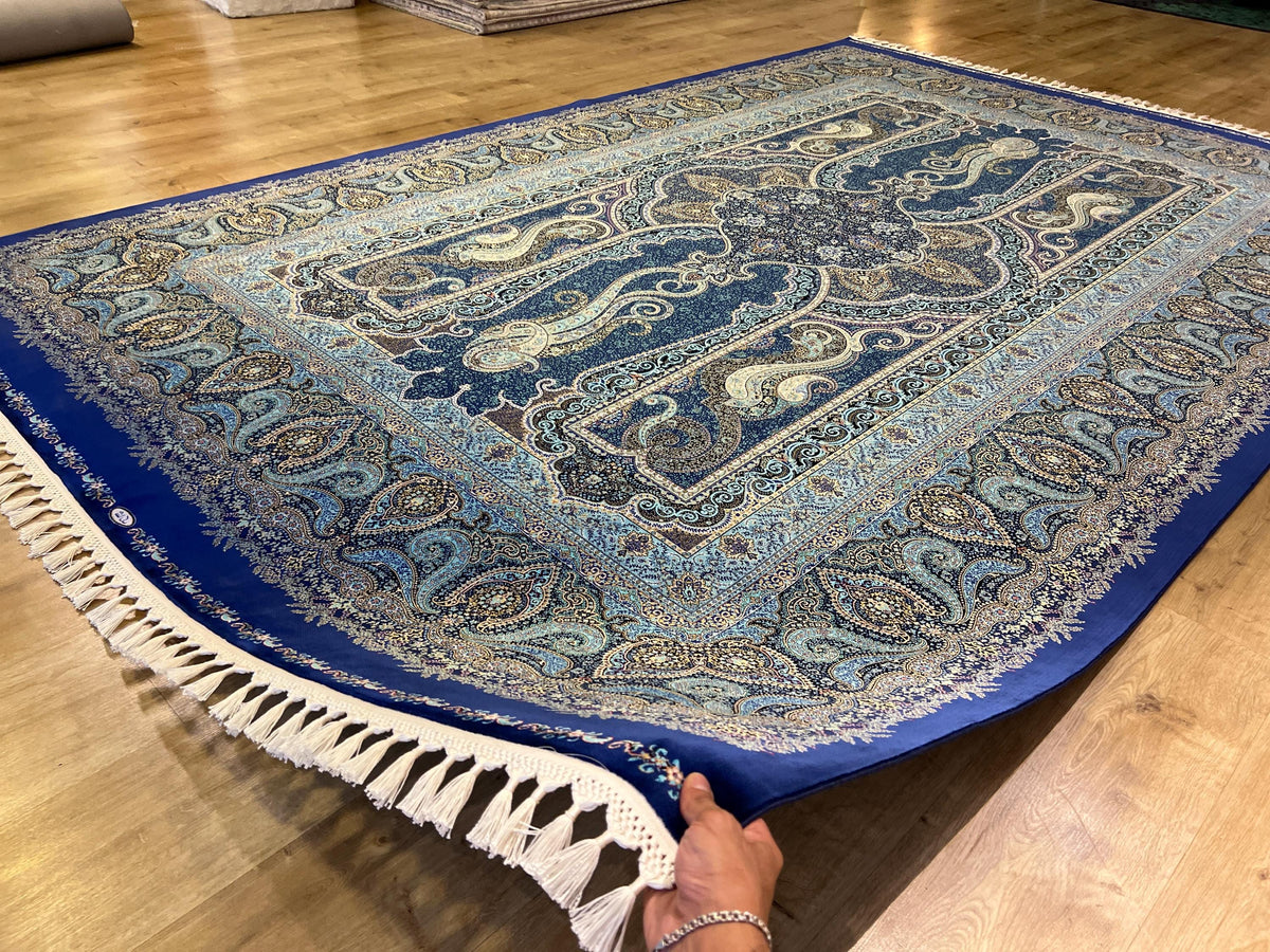 Navy Blue Classic Medallion Design Silk Rug, Traditional Turkish Style