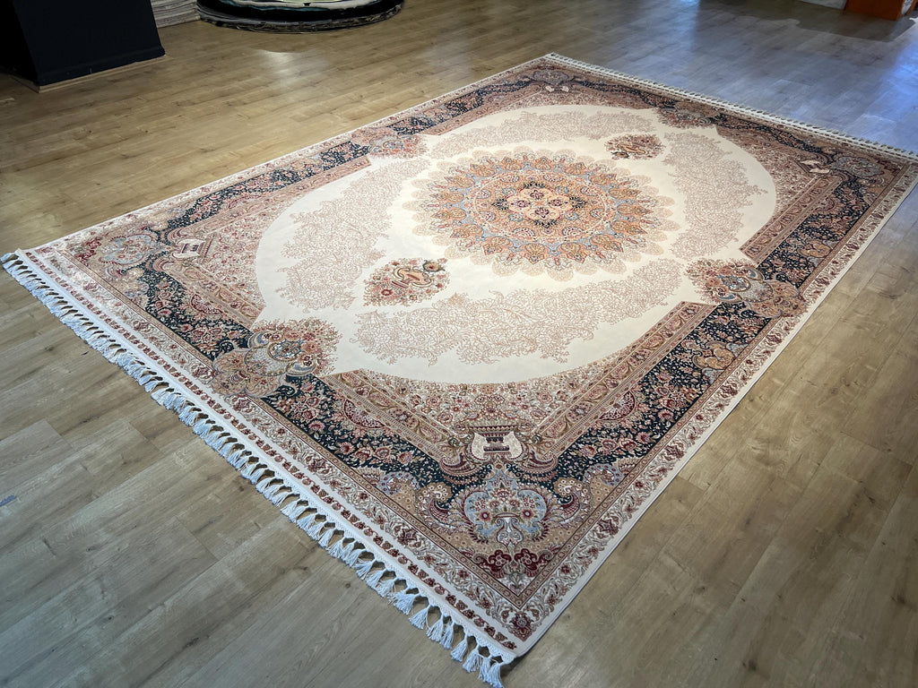 Cream Blue Silk Rug, Turkish Ottoman Style, 8x11 ft