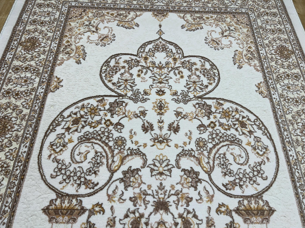 2.55x4.10 Ft Ivory Brown Silk Prayer Rug, Muslim Gift Prayer Mat