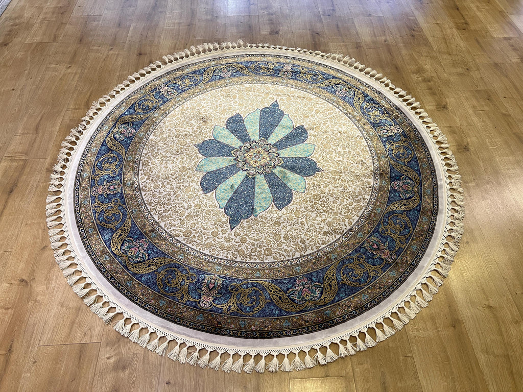 Ivory Silk Rug, Gold Pattern With Blue Medallion, Classic Luxury Area Rug