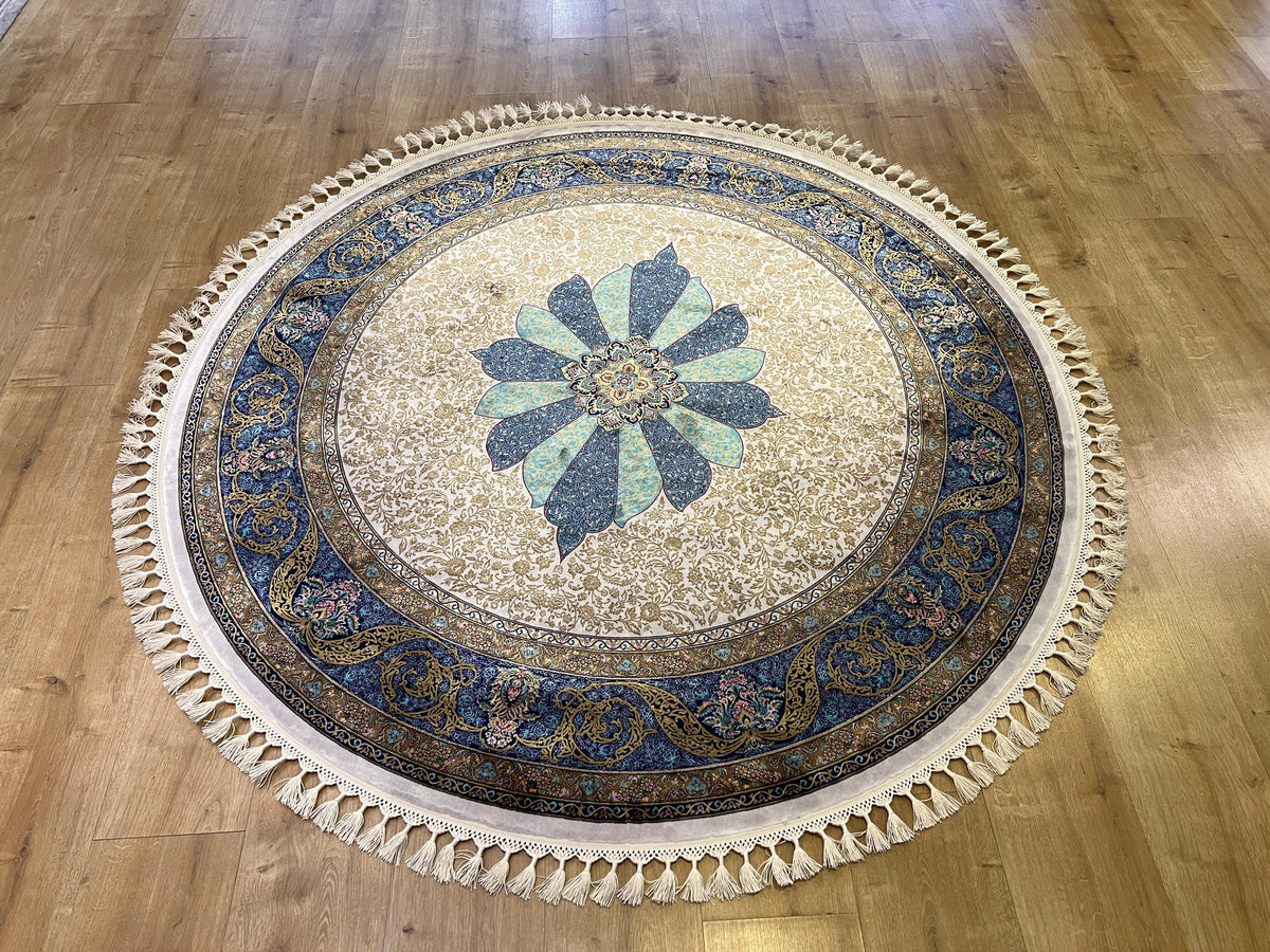 Ivory Silk Rug, Gold Pattern With Blue Medallion, Classic Luxury Area Rug
