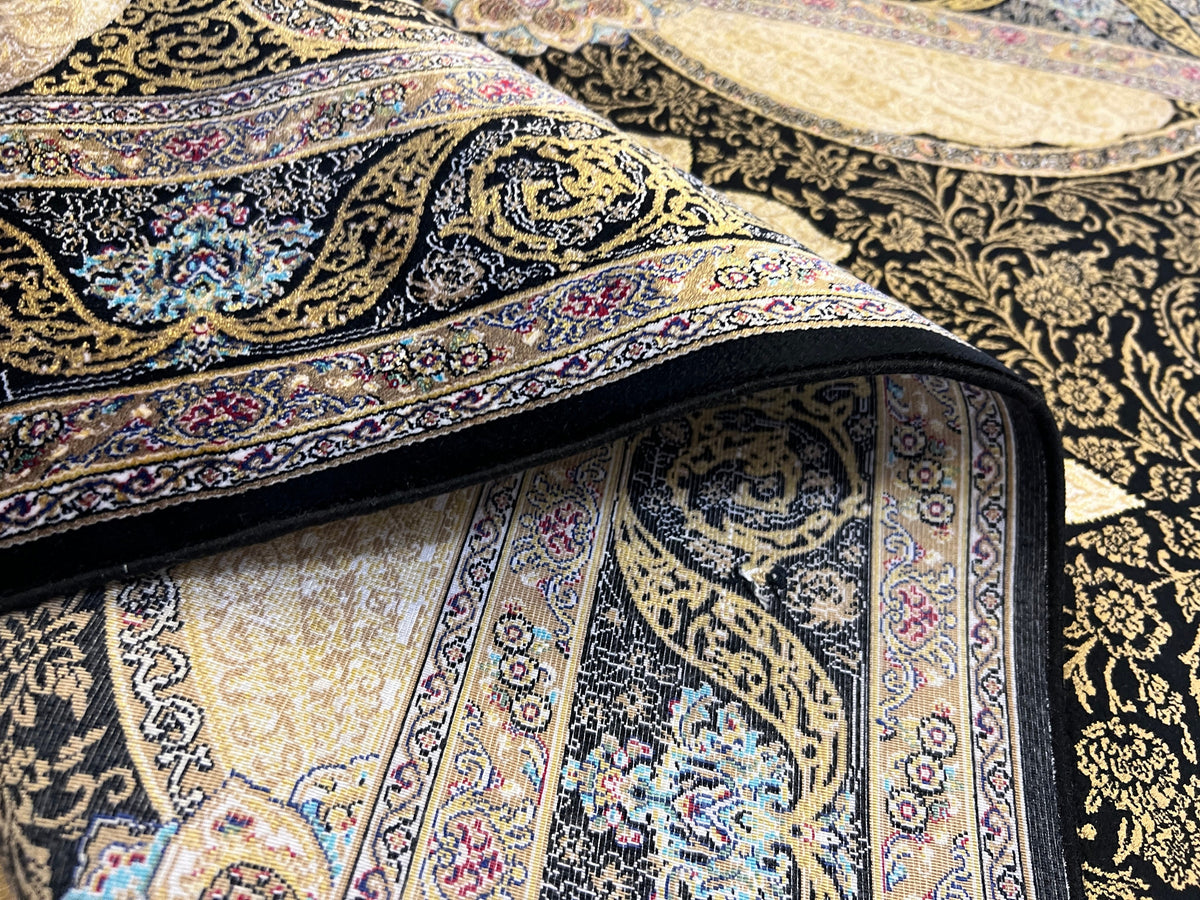 Black Gold Medallion Silk Runner Rug, 3x10 ft, Classic Luxury Hallway Rug