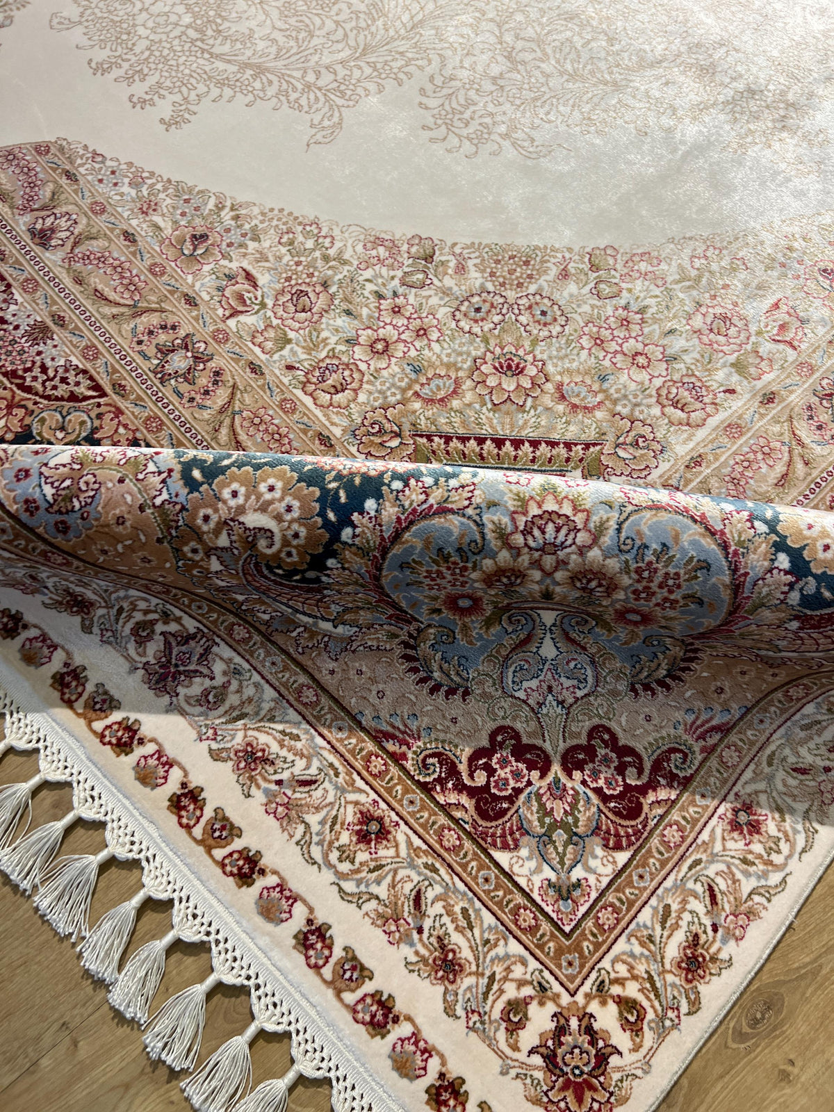 Cream Blue Silk Rug, Turkish Ottoman Style, 8x11 ft