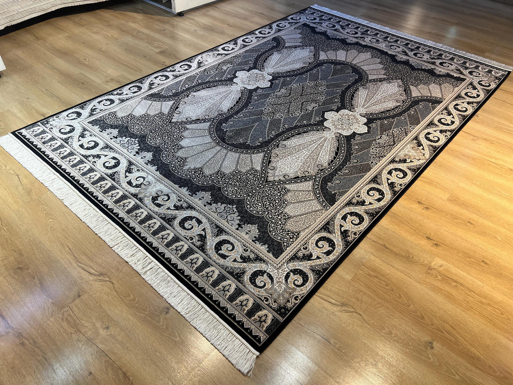 Black Silk Area Rug with Elegant Classic Motifs, Oversize Rug