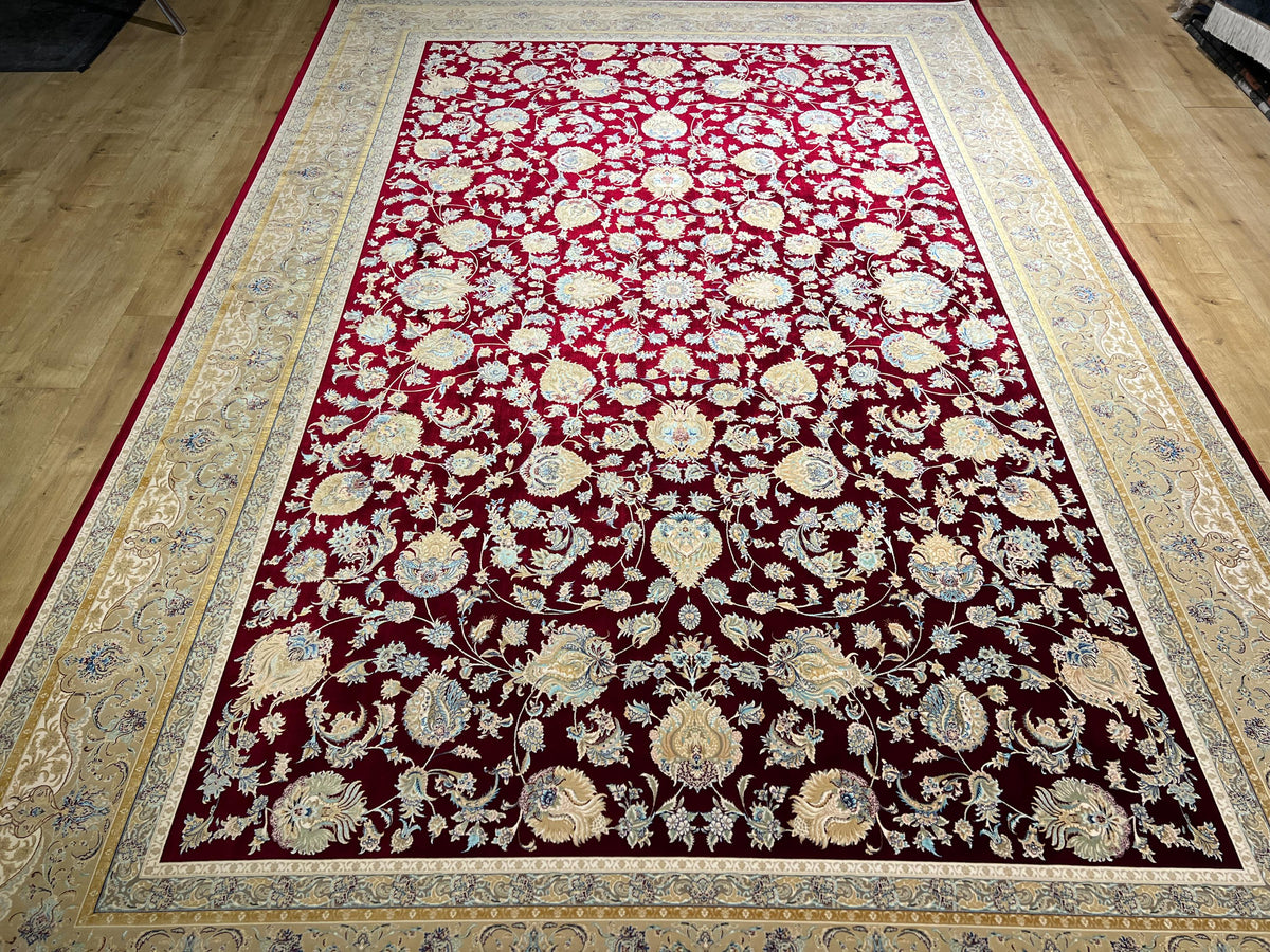 7x10ft Red Floral Silk Rug, Traditional Bordered Rug, Luxury Home Decor