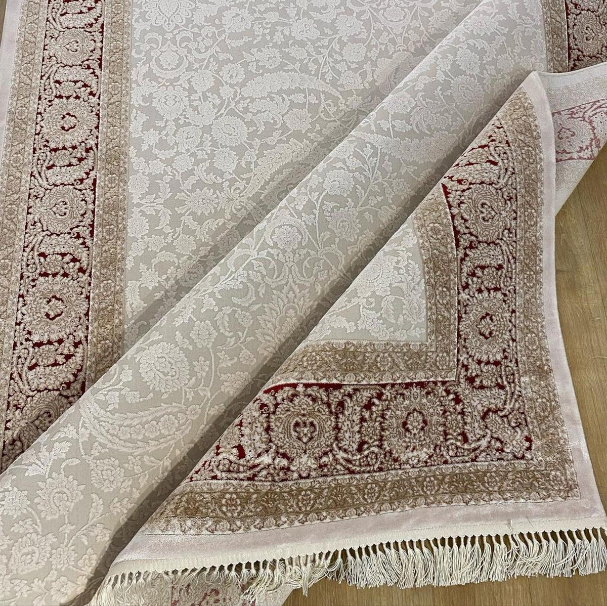 Beige Red Bamboo Rug, Turkish Carpet, Home Decor (5x8 ft)