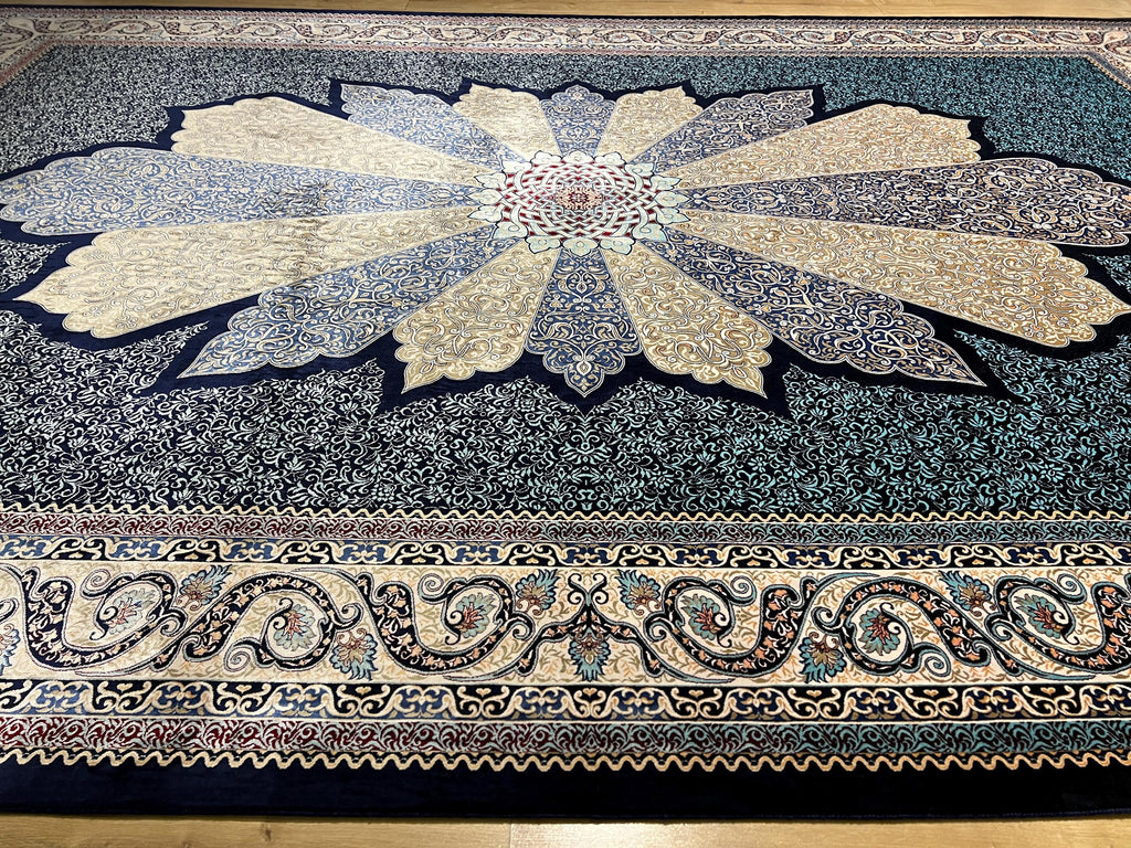 7x10 ft Navy Blue Silk Carpet, Traditional Pattern Rug