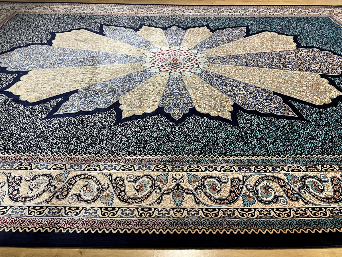 7x10 ft Navy Blue Silk Carpet, Traditional Pattern Rug