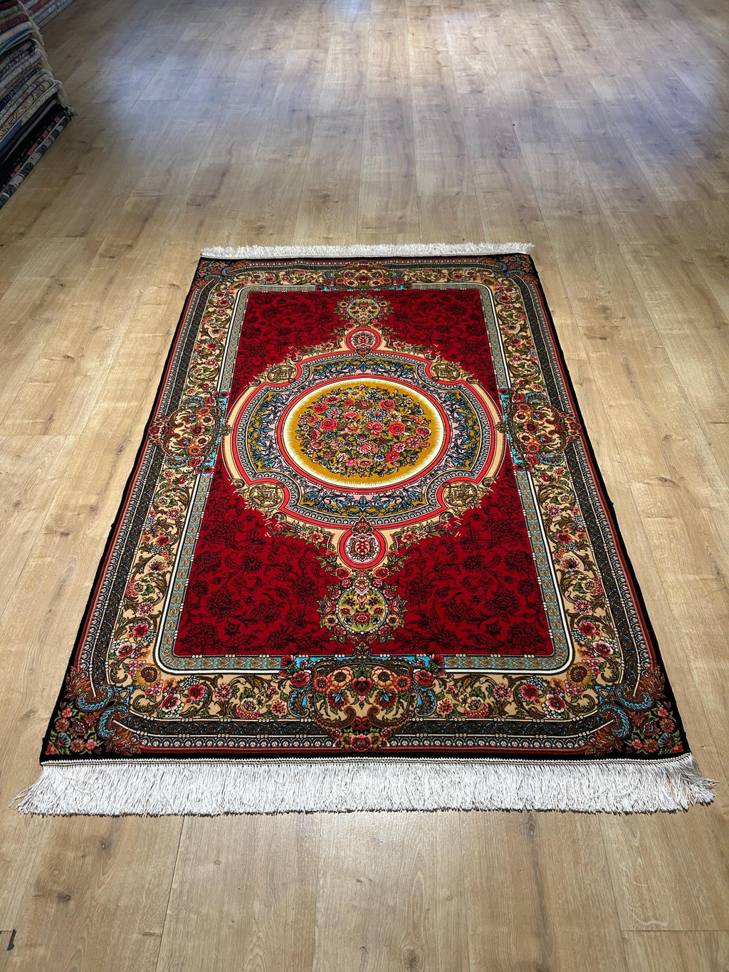 Red Silk Rug, Floral Medallion Design, Classic Silk Carpet