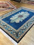 5x8 ft Blue Silk Rug, Classic Medallion Design, Luxury Home Decor