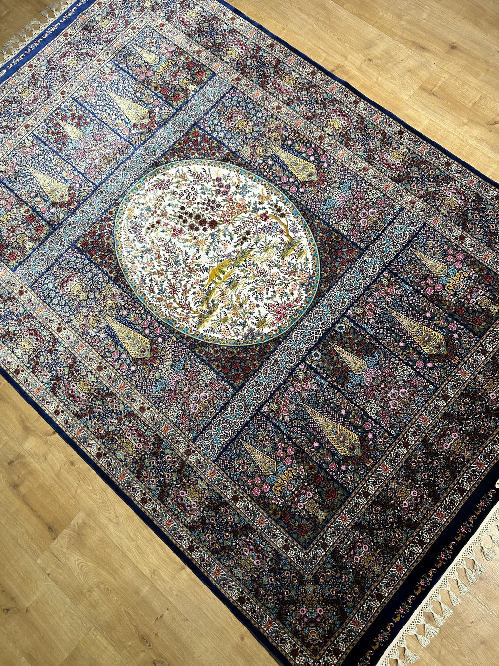 5x8 ft Navy Blue Silk Rug, Tree and Floral Design Carpet, Luxury Home Decor
