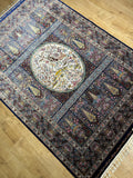 5x8 ft Navy Blue Silk Rug, Tree and Floral Design Carpet, Luxury Home Decor