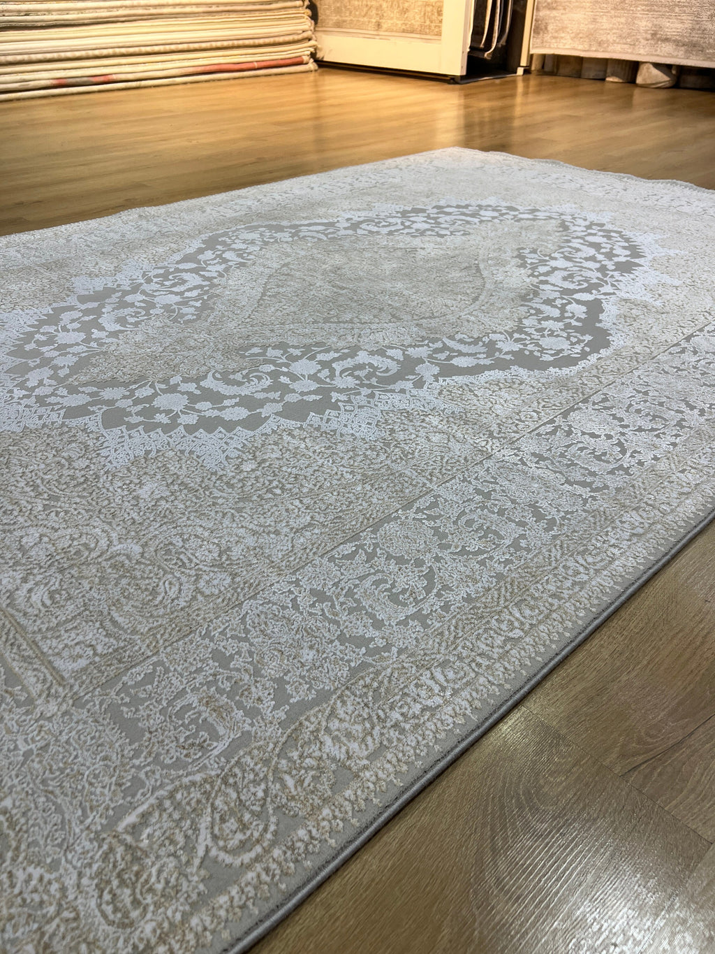 Gold Gray Bamboo Rug, 5x8 ft, Medallion Design Turkish Carpet