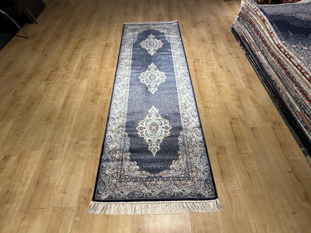Blue Medallion Turkish Silk Runner Rug, Classic Luxury Hallway Rug