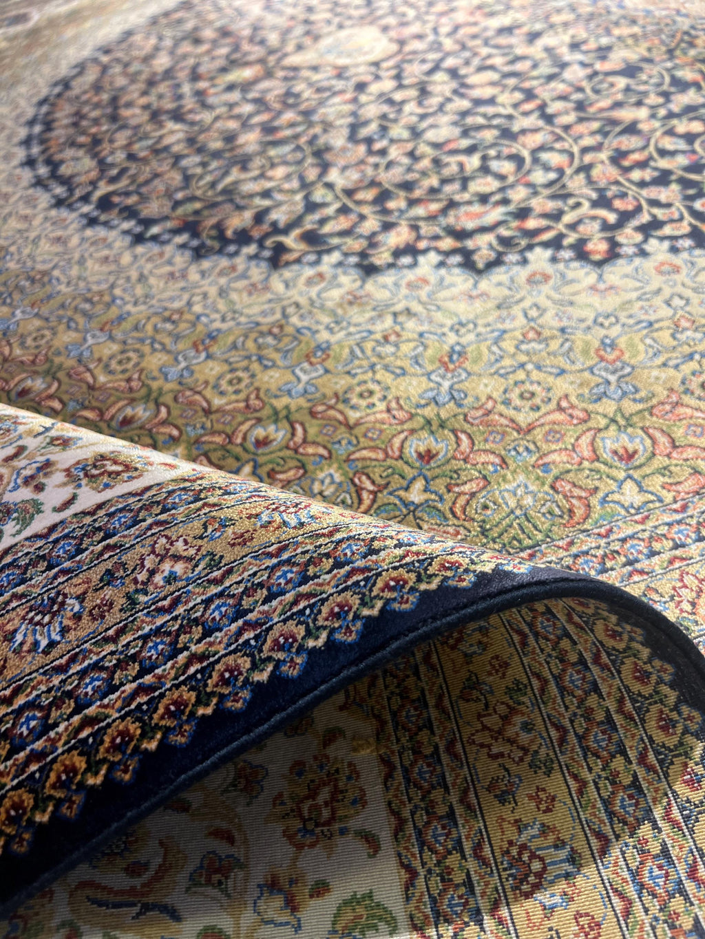8x11 ft Dark Blue Silk Rug with Gold Medallion, Classic Turkish Style Luxury Carpet