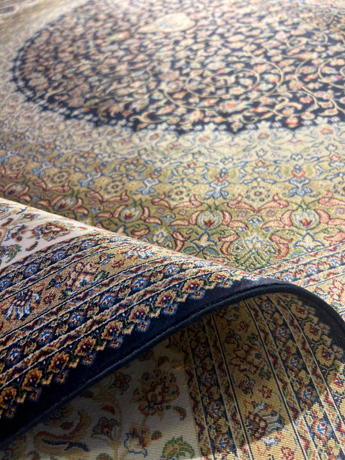 8x11 ft Dark Blue Silk Rug with Gold Medallion, Classic Turkish Style Luxury Carpet