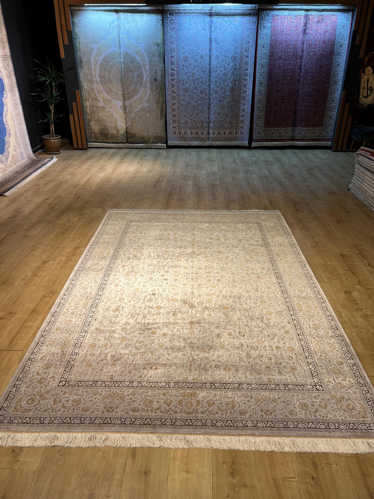 7x10 ft Brown Beige Silk Bamboo Rug, Framed Classic Design, Traditional Style Carpet