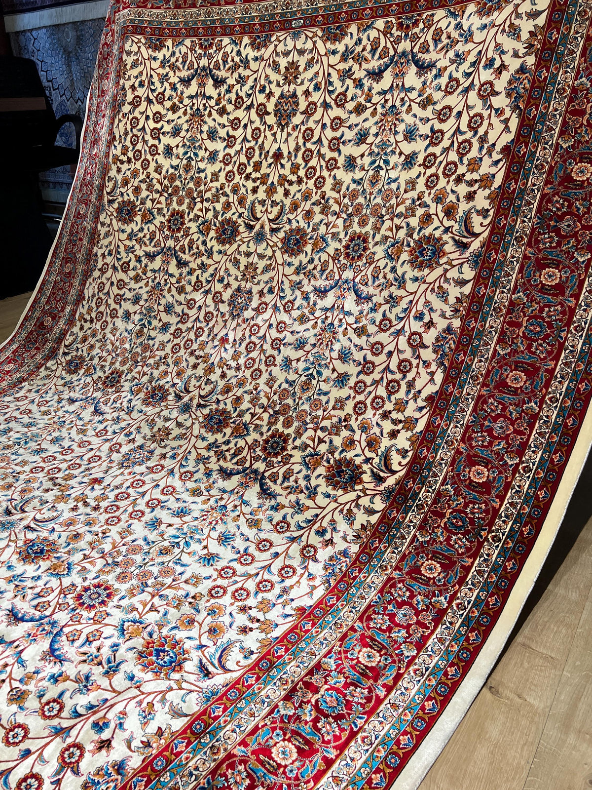 Floral Design Ivory Silk Carpet, Red Border Silk Rug, Home Decor
