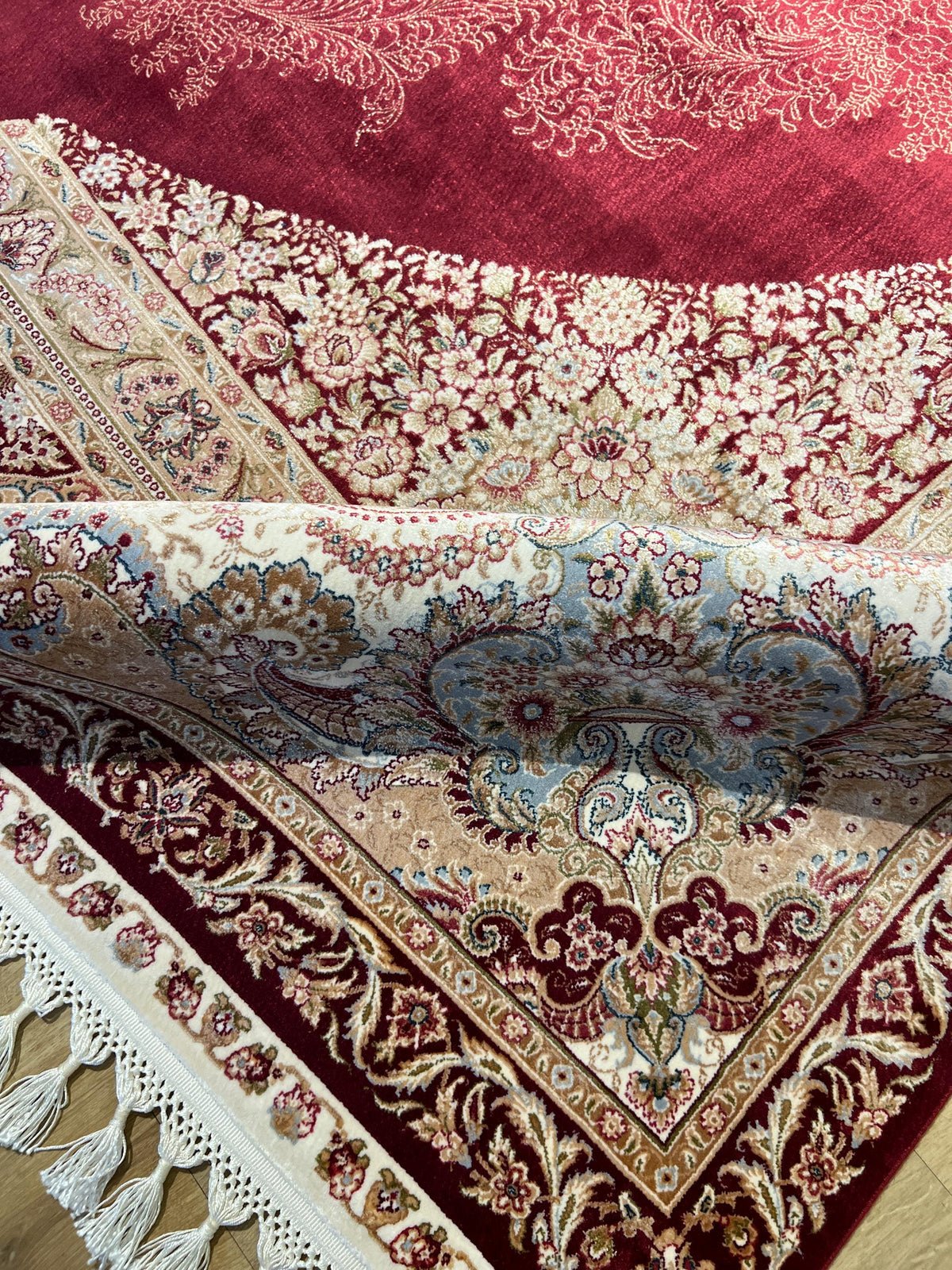 8x11 ft Bamboo Silk Rug, Large Luxury Area Rug with Red Medallion Design