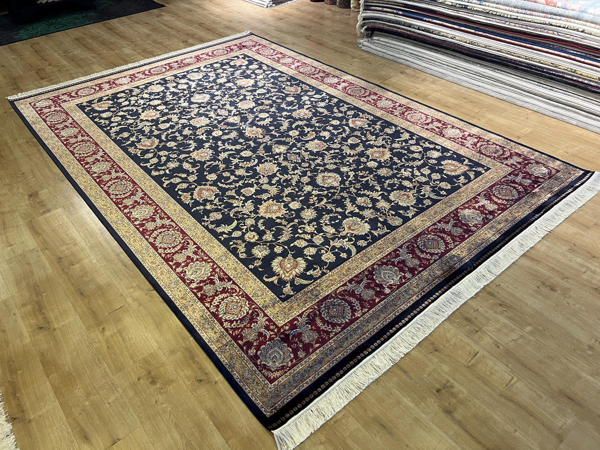 Dark Blue Silk Palace Rug, Turkish Oushak Style, 8x11 ft