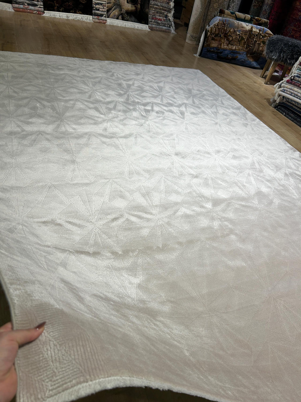 7x10 ft Ivory Cream Bamboo Rug, Geometric Striped Modern Area Rug