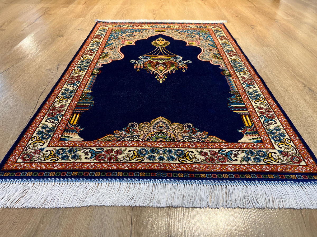 Blue Luxury Silk Prayer Rug, Gift Mat, Janamaz Mat