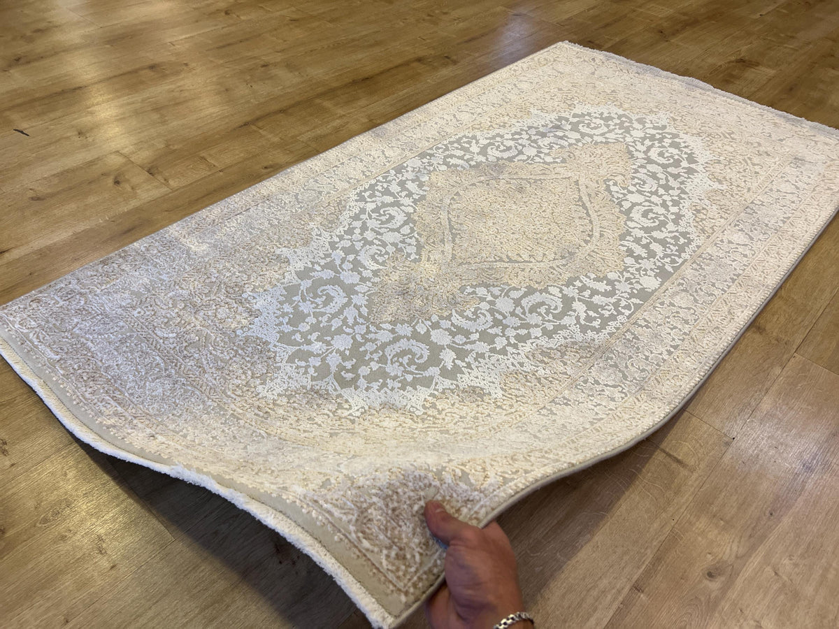 Beige Bamboo Rug with Gold Medallion, 3x5 ft, Turkish Style Small Rug
