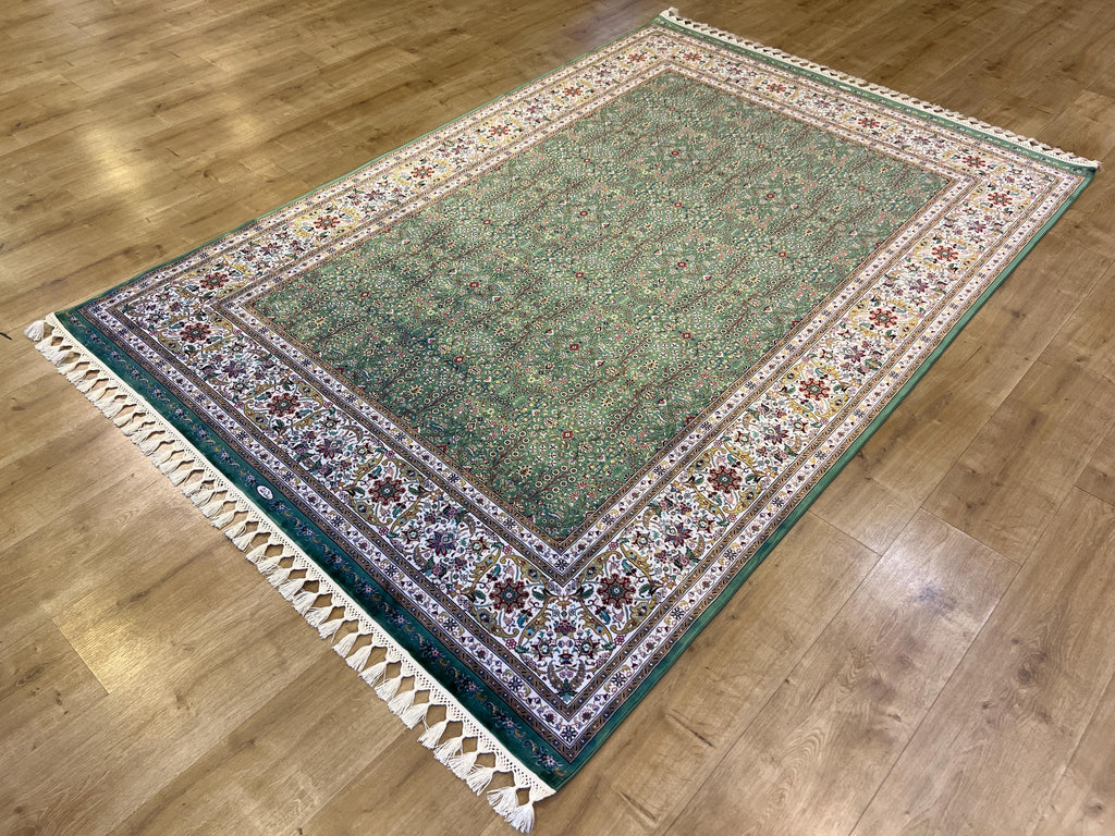 Green Floral Silk Rug with Ivory Frame Classic Turkish Design
