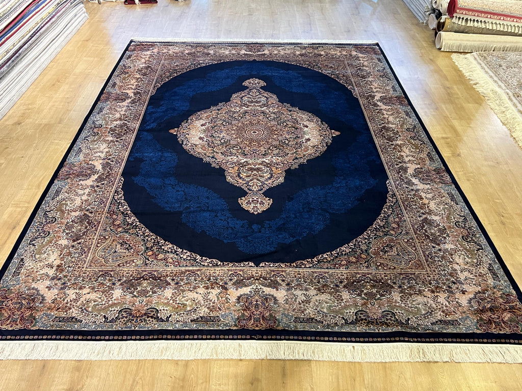 Navy Blue Modal Silk Rug 8x11, Turkish Palace Style