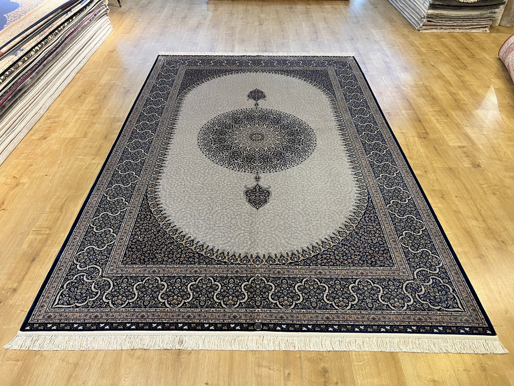 7x10 ft Grey Silk Rug, Navy Medallion and Border, Classic Design