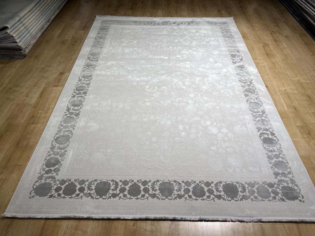 Ivory Floral Pattern Rug, Grey Border Carpet, Turkish Home Decor