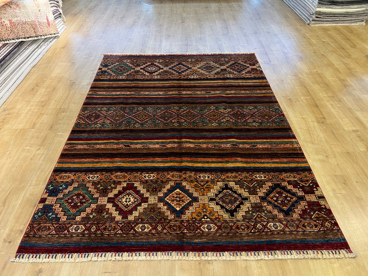 6x8 ft Colourful Ethnic Pattern Wool Rug, Traditional Anatolian Style Decor rug