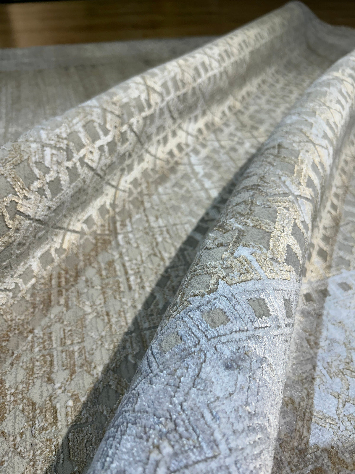 Gray Gold Geometric Bamboo Rug with Ethnic Modern Patterns