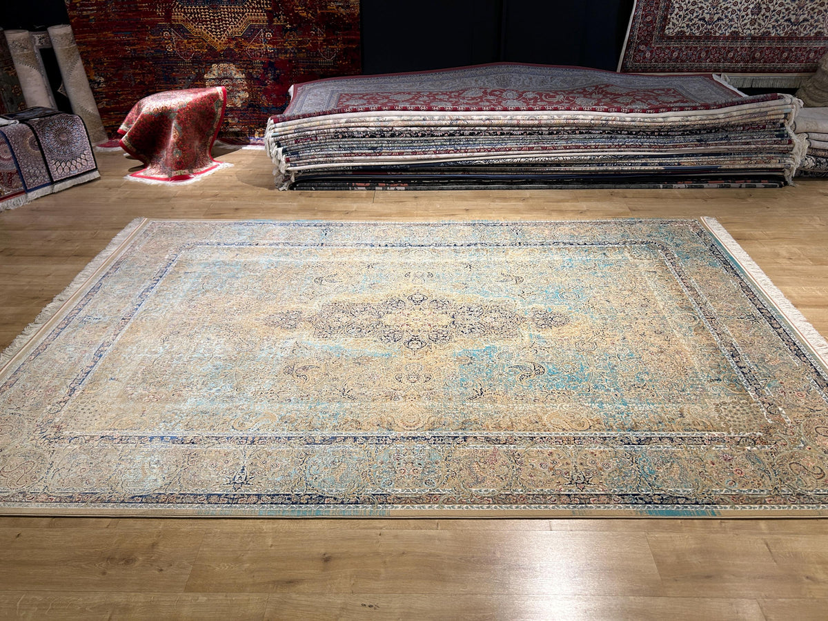 Beige Blue Silk Rug, Classic Silk Carpet with Distressed Pattern