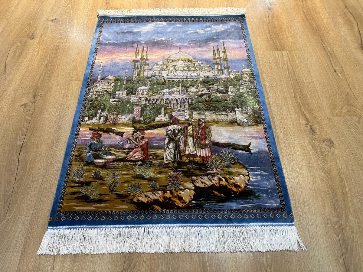 Old Istanbul Landscape Silk Rug, Decorative Table Mat, Tapestry