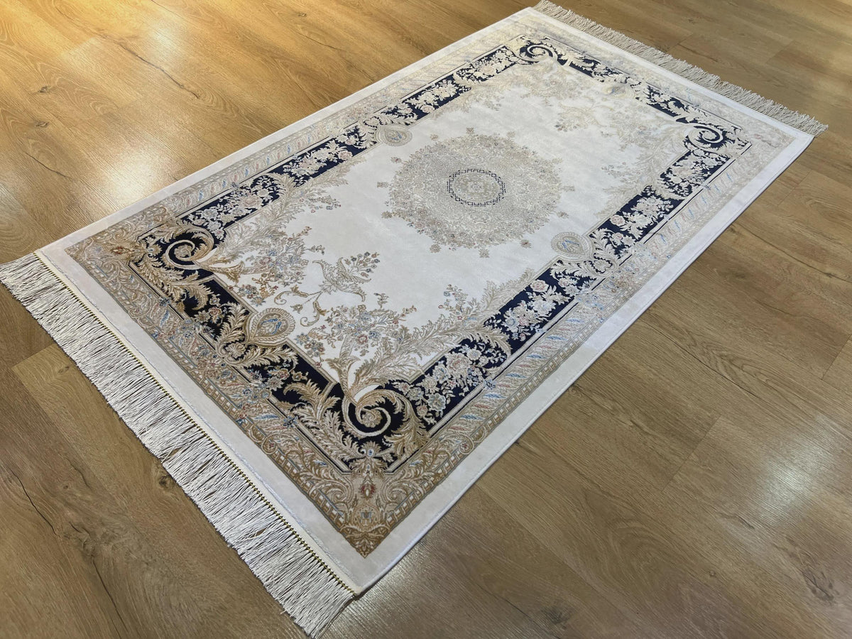 3x5 ft Ivory Silk Rug with Navy Blue Border Gold Medallion, Classic Turkish Rug