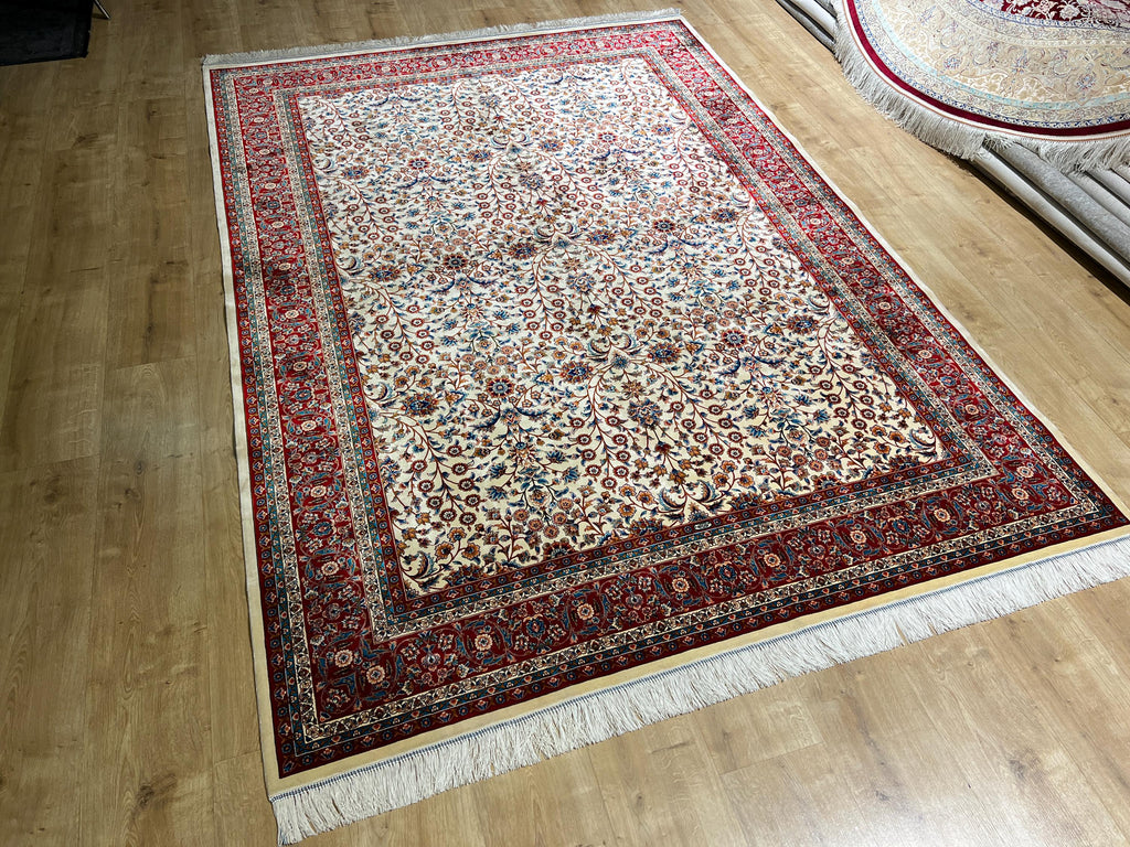 Floral Design Ivory Silk Carpet, Red Border Silk Rug, Home Decor