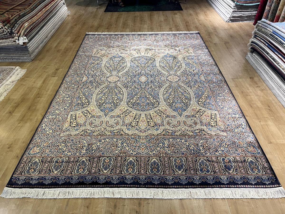 Blue Gold Silk Palace Rug, 8x11 ft, Traditional Turkish Carpet
