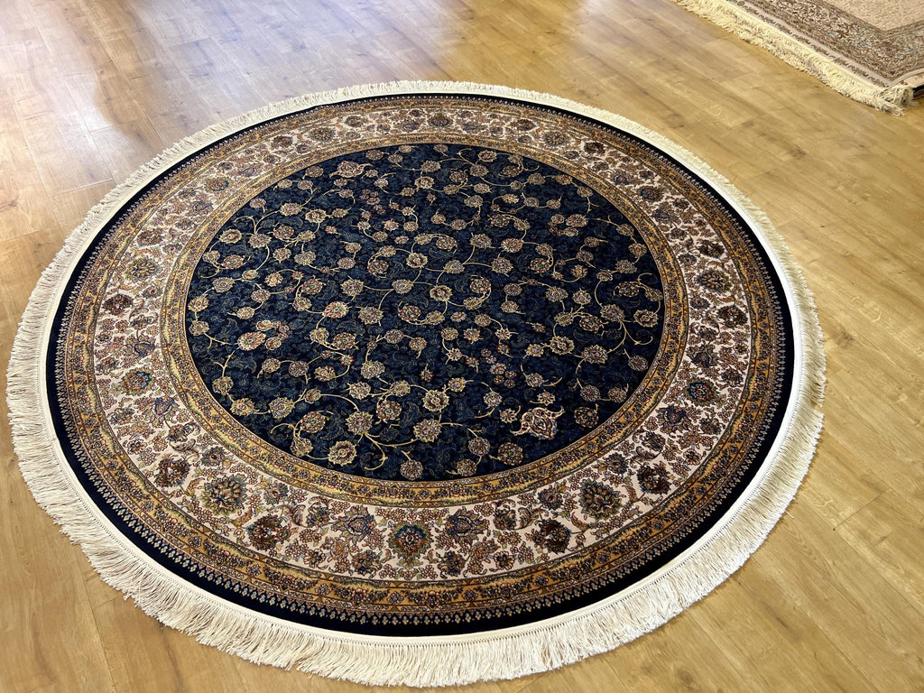 7x7 Ft Round Navy Blue Silk Rug, Floral Pattern Design, Classic Luxury Area Rug