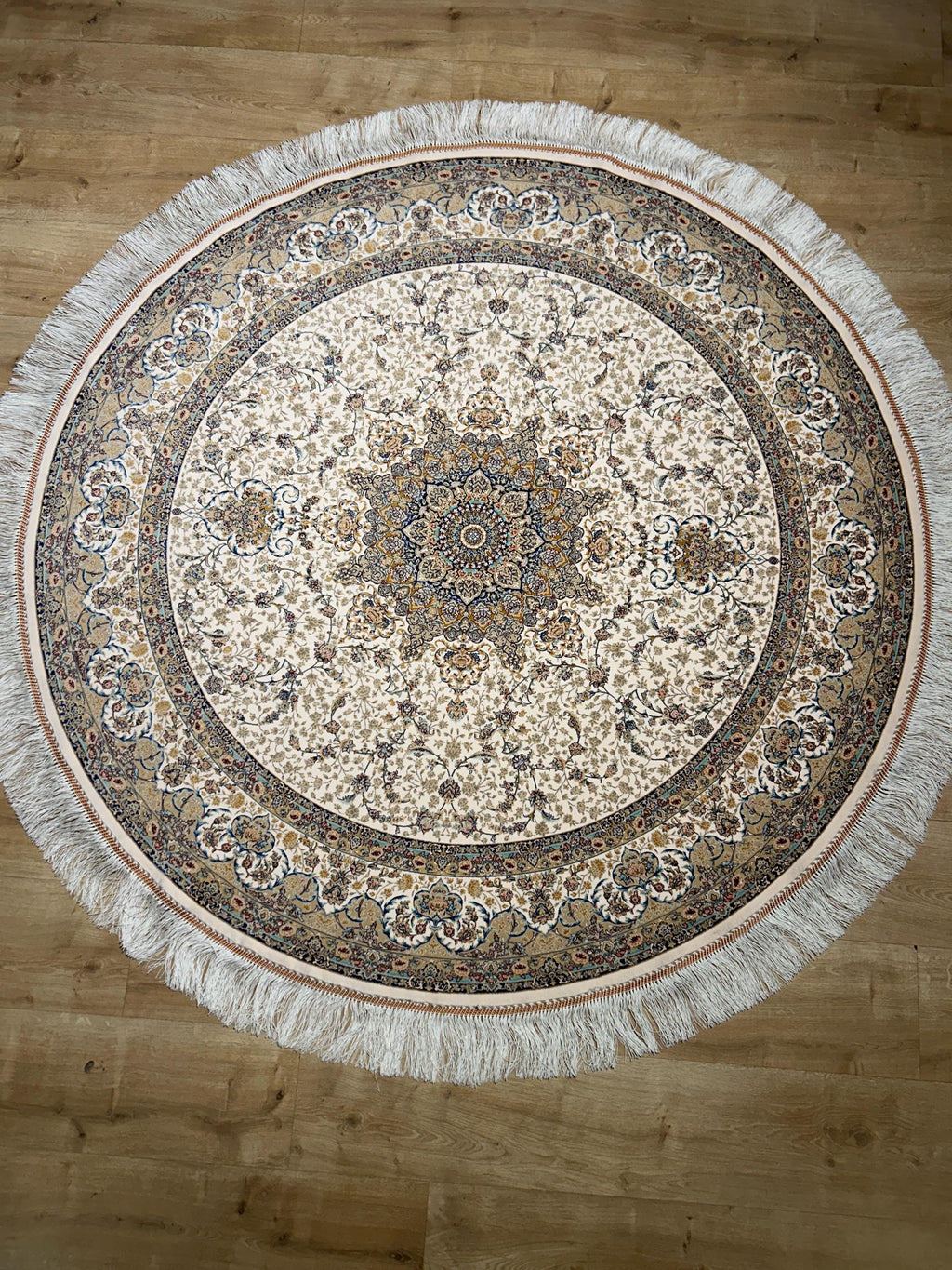 5x5 ft Ivory Blue Beige Round Silk Rug, Classic Turkish Medallion Design Carpet