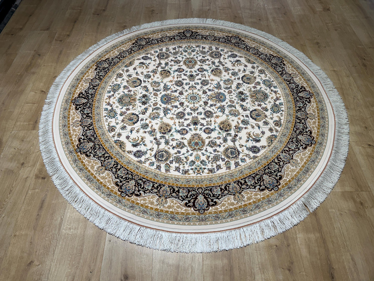 5x5 ft Ivory Round Silk Rug, Red Gold Border Design, Turkish Style Floral Pattern