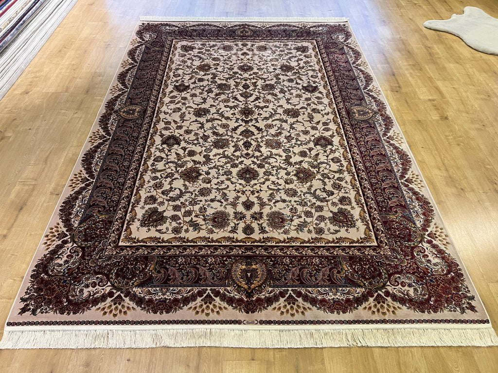 7x10 ft Ivory Silk Rug, Gold Floral and Red Border Silk Carpet, Classic Design