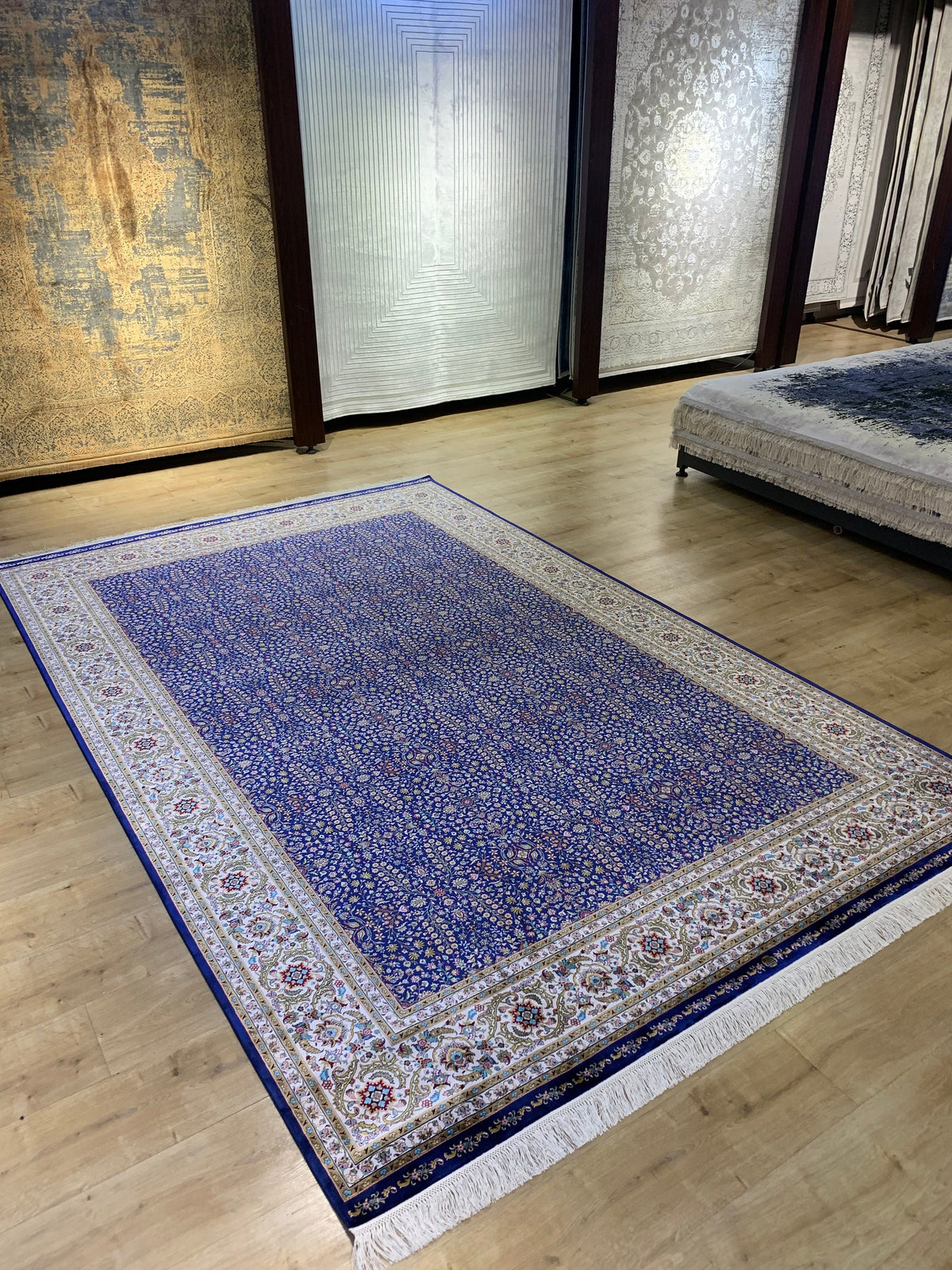 Blue Floral Silk Rug, Traditional Turkish Carpet, Luxury Home Decor