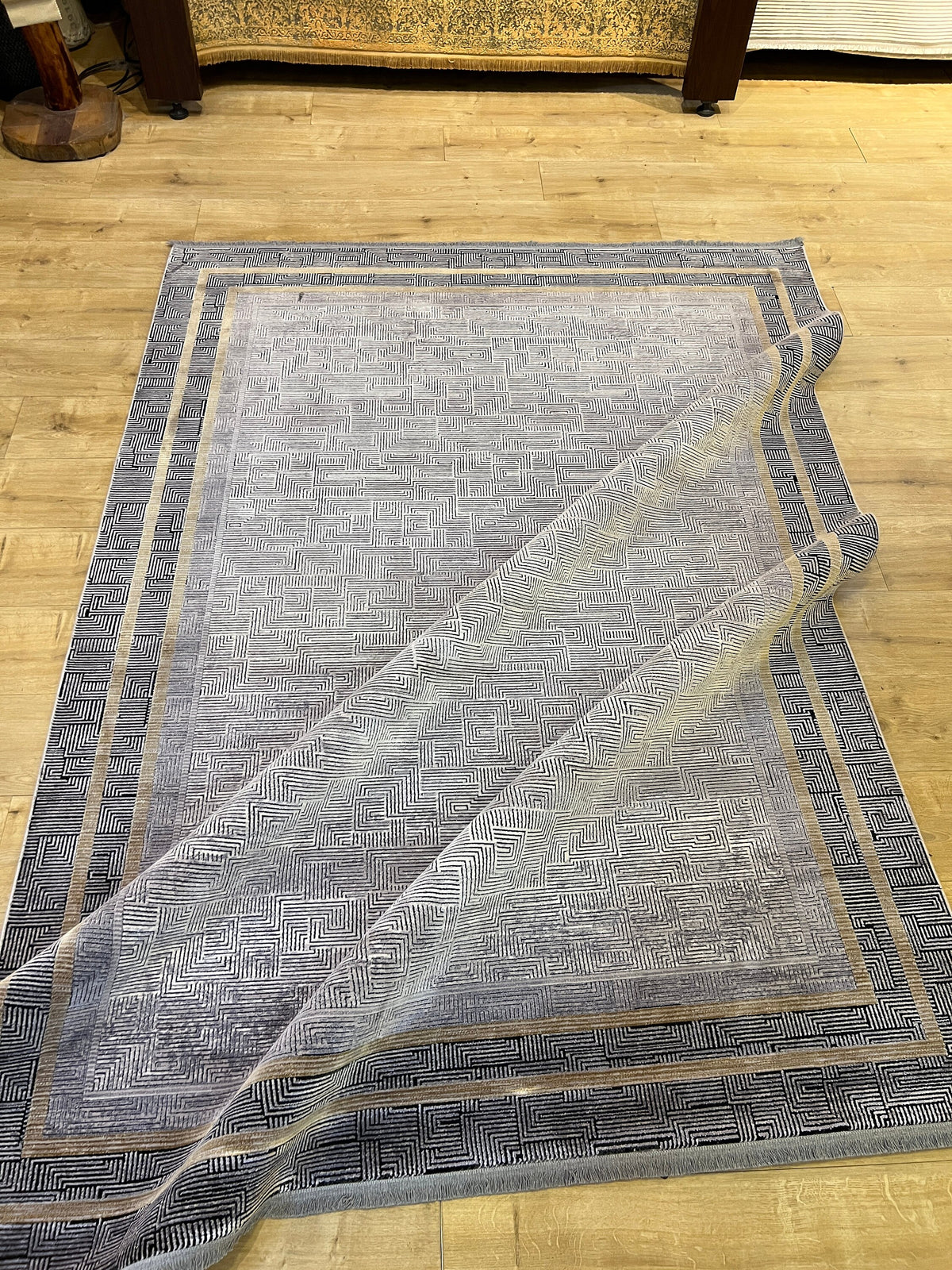 Geometric Pattern Bamboo Rug, Dark Gray, Turkish Carpet