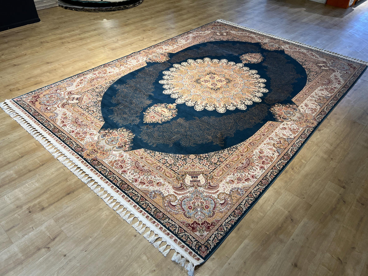Blue Beige Silk Palace Rug, 8x11 ft, Traditional Turkish Carpet