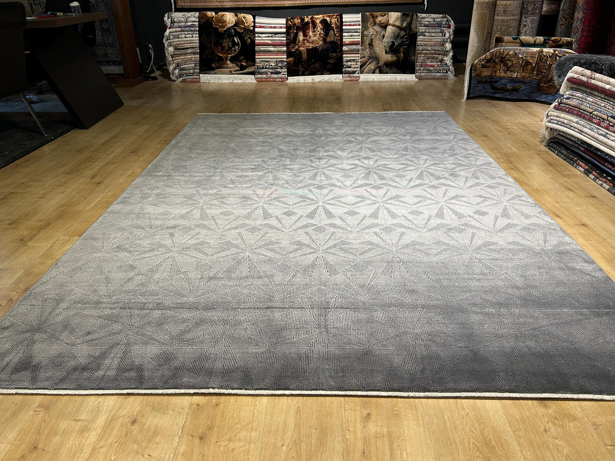 7x10 ft Dark Gray Bamboo Rug, Geometric Striped Modern Area Rug