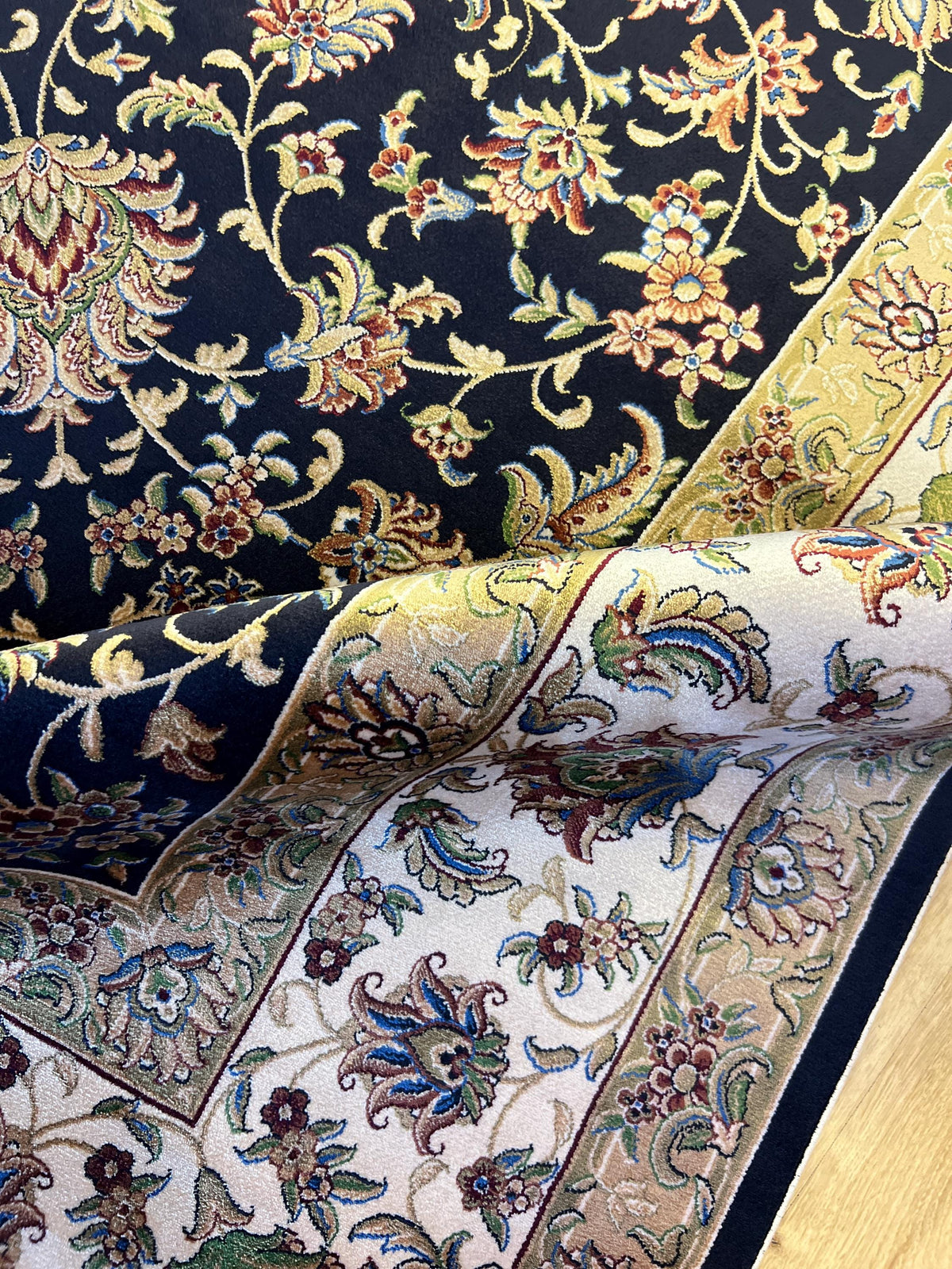 7x10 ft Navy Blue Silk Rug, Traditional Floral Carpet